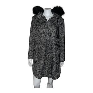 Calvin Klein Black White Wool Tweed Coat Faux Fur Trim Hood Large NWOT